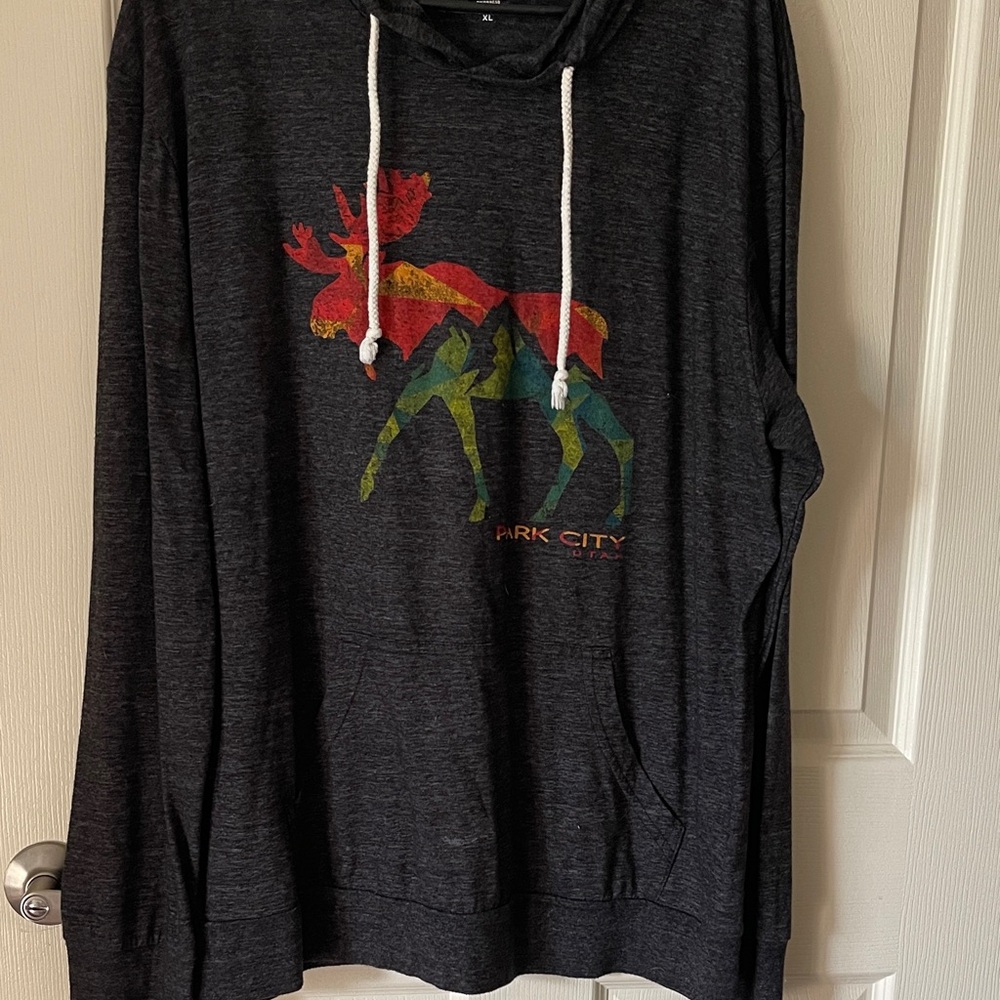 Blue 84 Dark Gray Sweater with Colorful Moose Design